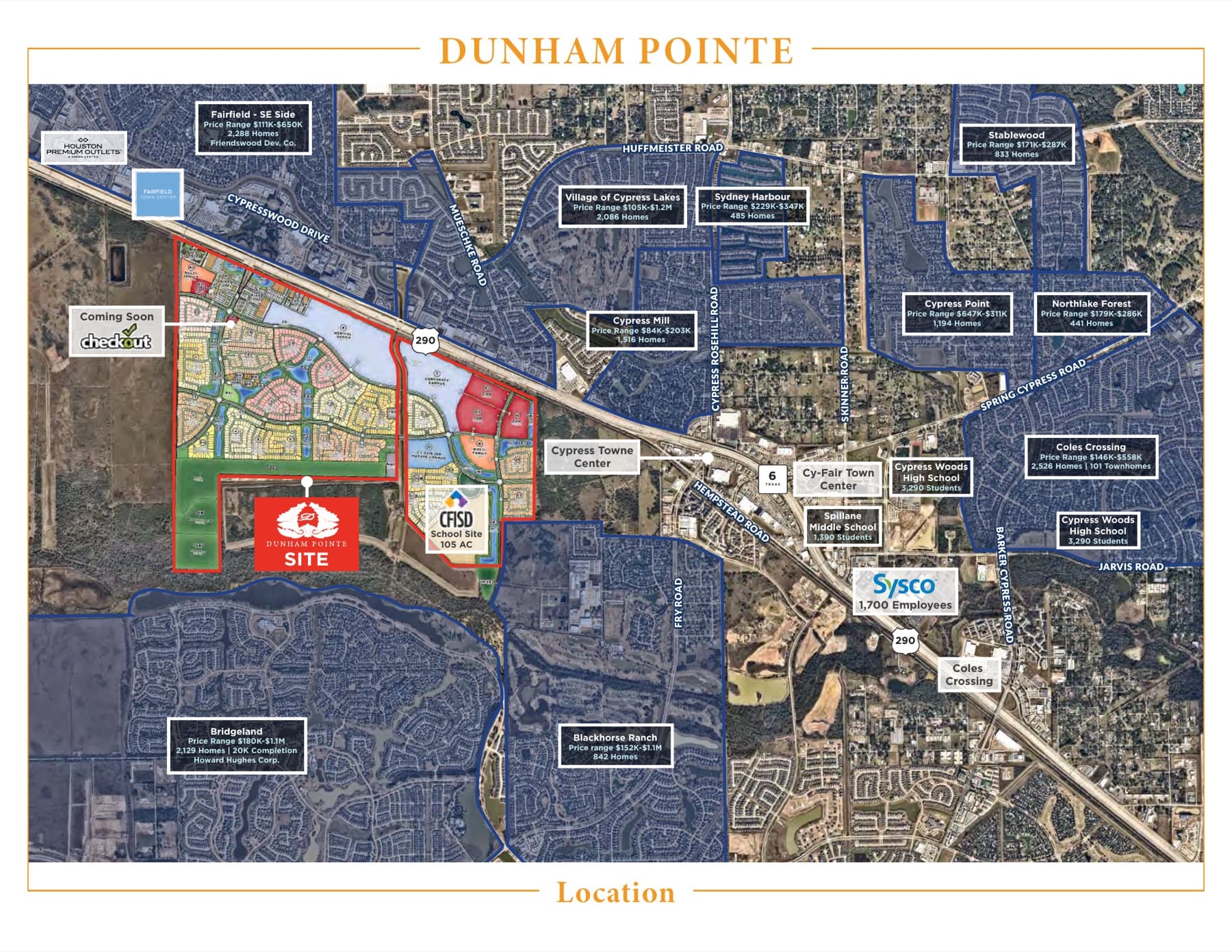 Aerial location map showing the Dunham Pointe site on Highway 290 in Cypress, Texas, with surrounding communities, schools, and retail